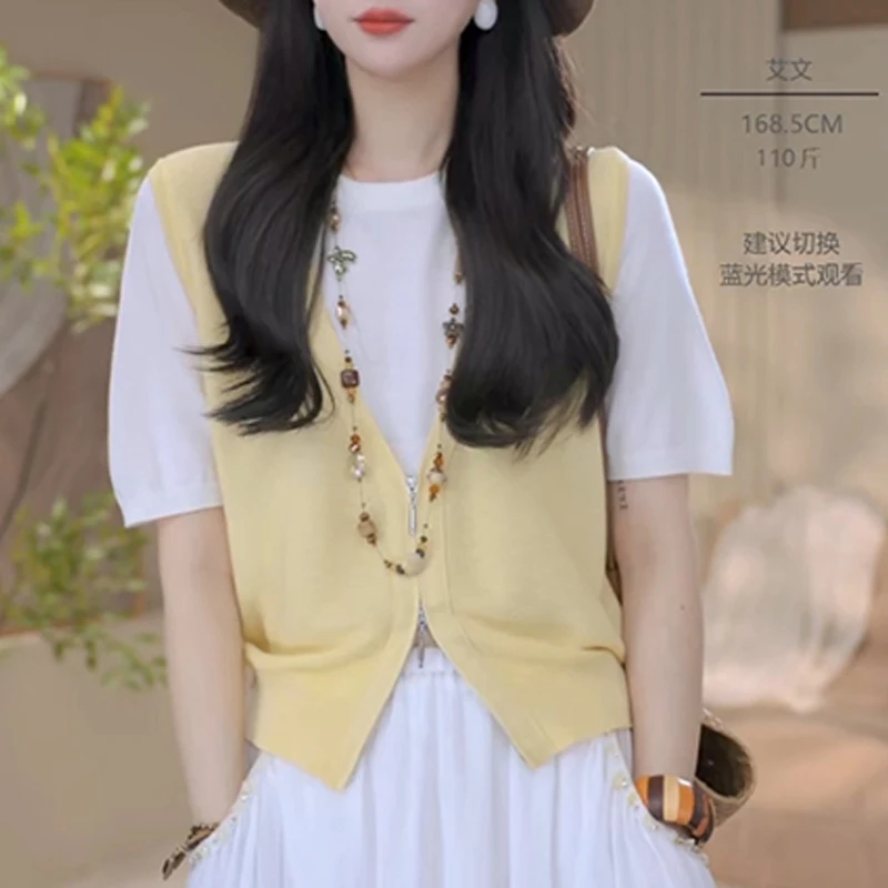 2025夏季新款时尚设计感v领撞色假两件短袖针织衫别致显瘦上衣女