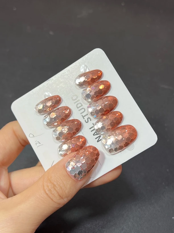渐变亮片显白美甲纯手工穿戴甲短甲1420