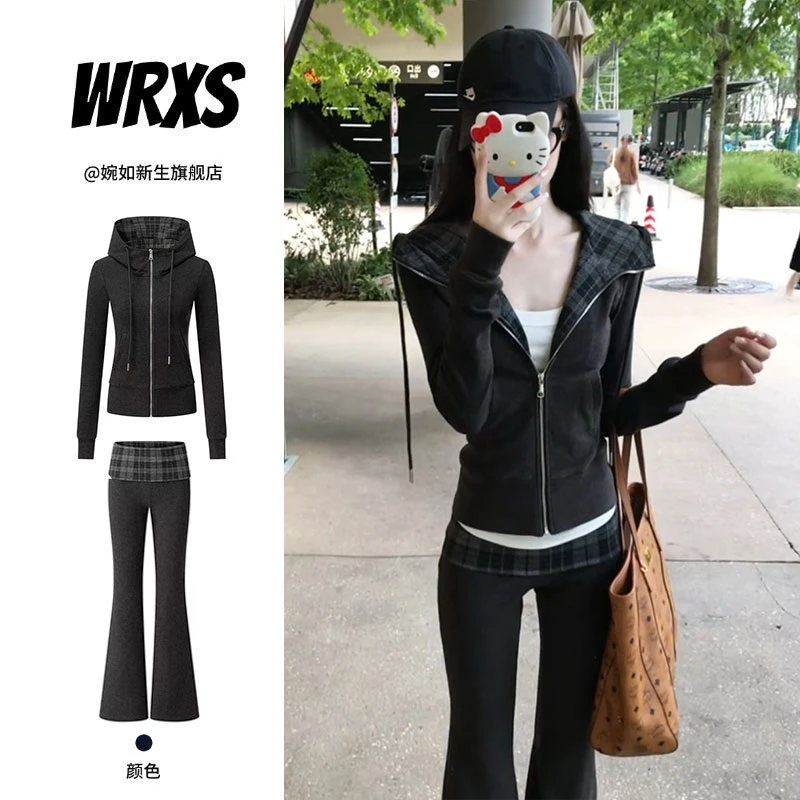 【婉如新生】秋季美式格纹连帽开衫卫衣拼接阔腿裤休闲早秋套装女