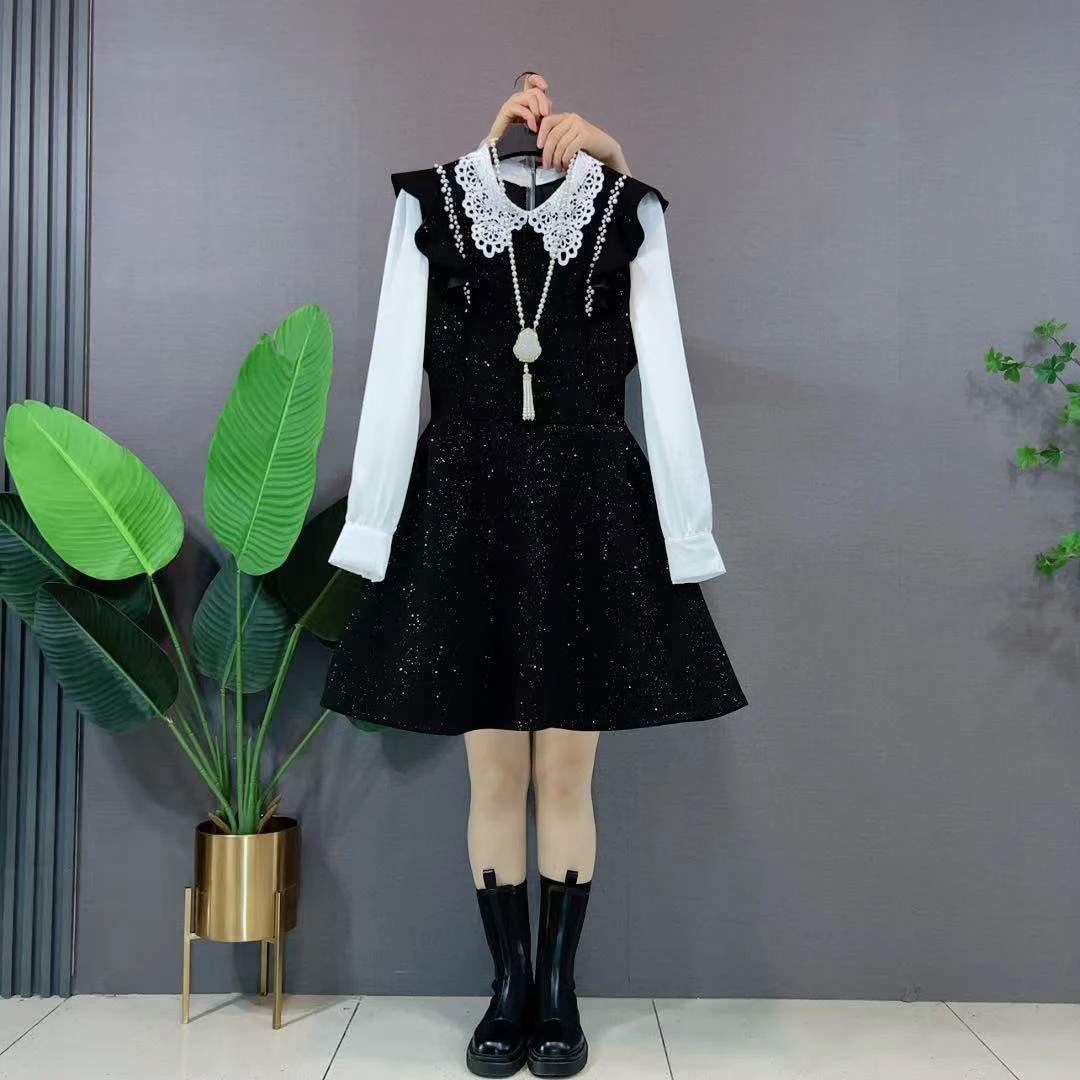 显瘦大码女装假两件连衣裙胖MM拼接撒星裙子2025新款钉珠中长款裙