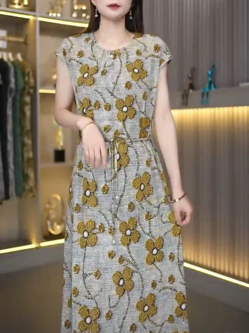 【配腰带】新款夏季插肩袖宽松腰连衣裙印花女装洋气