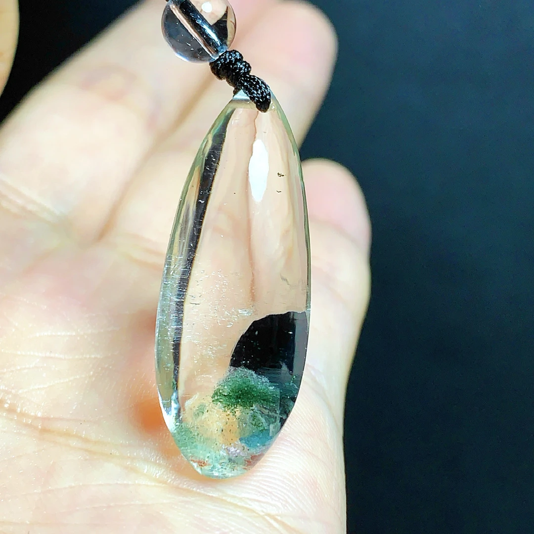 东海水晶天然绿幽灵水晶吊坠毛衣链平安通透水滴项坠男女款聚宝盆