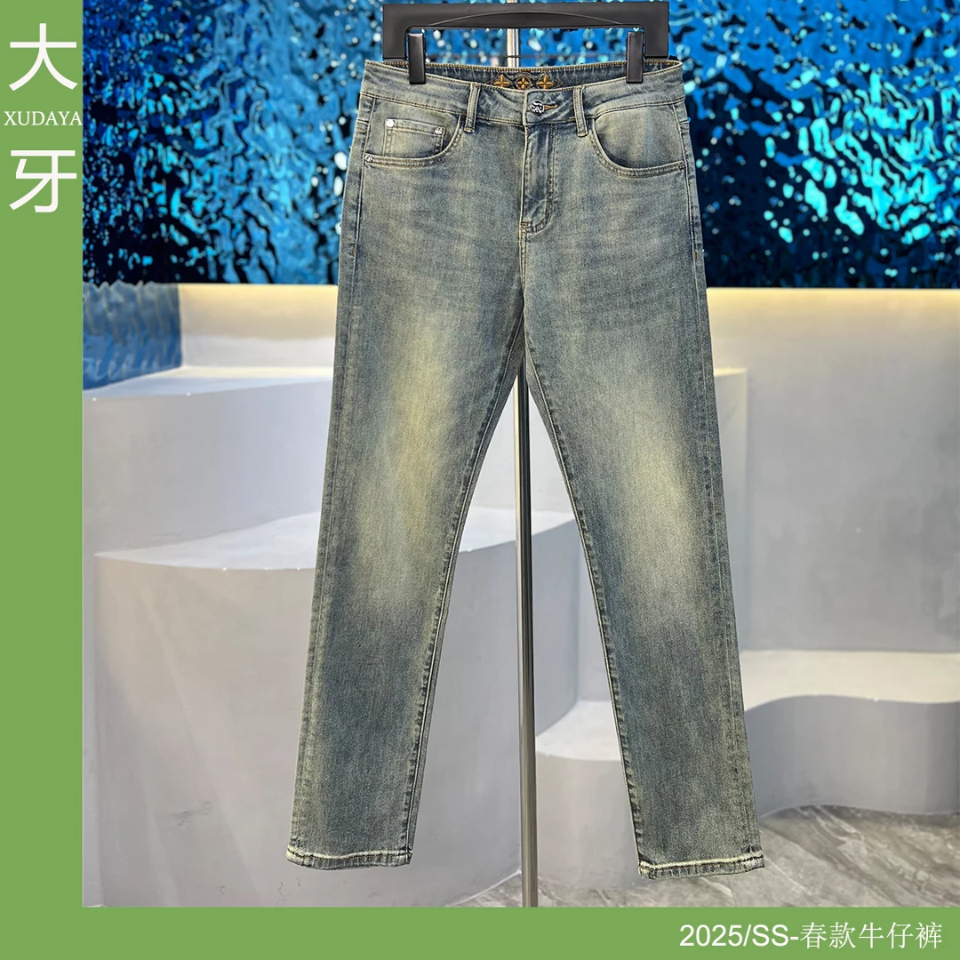 【大牙】320#浅蓝色牛仔裤男2025早春复古雪花洗弹力修身小直筒