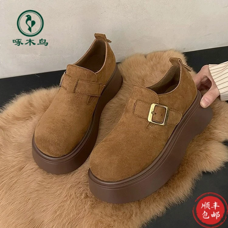 啄木鸟软皮厚底增高勃肯鞋女2025年春秋新款复古圆头深口单鞋秋冬