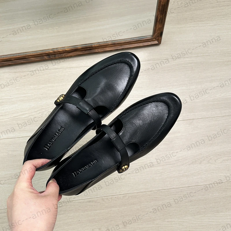 3cm/H178牛皮丁字扣玛丽珍鞋女春秋圆头浅口粗跟单鞋中跟真皮