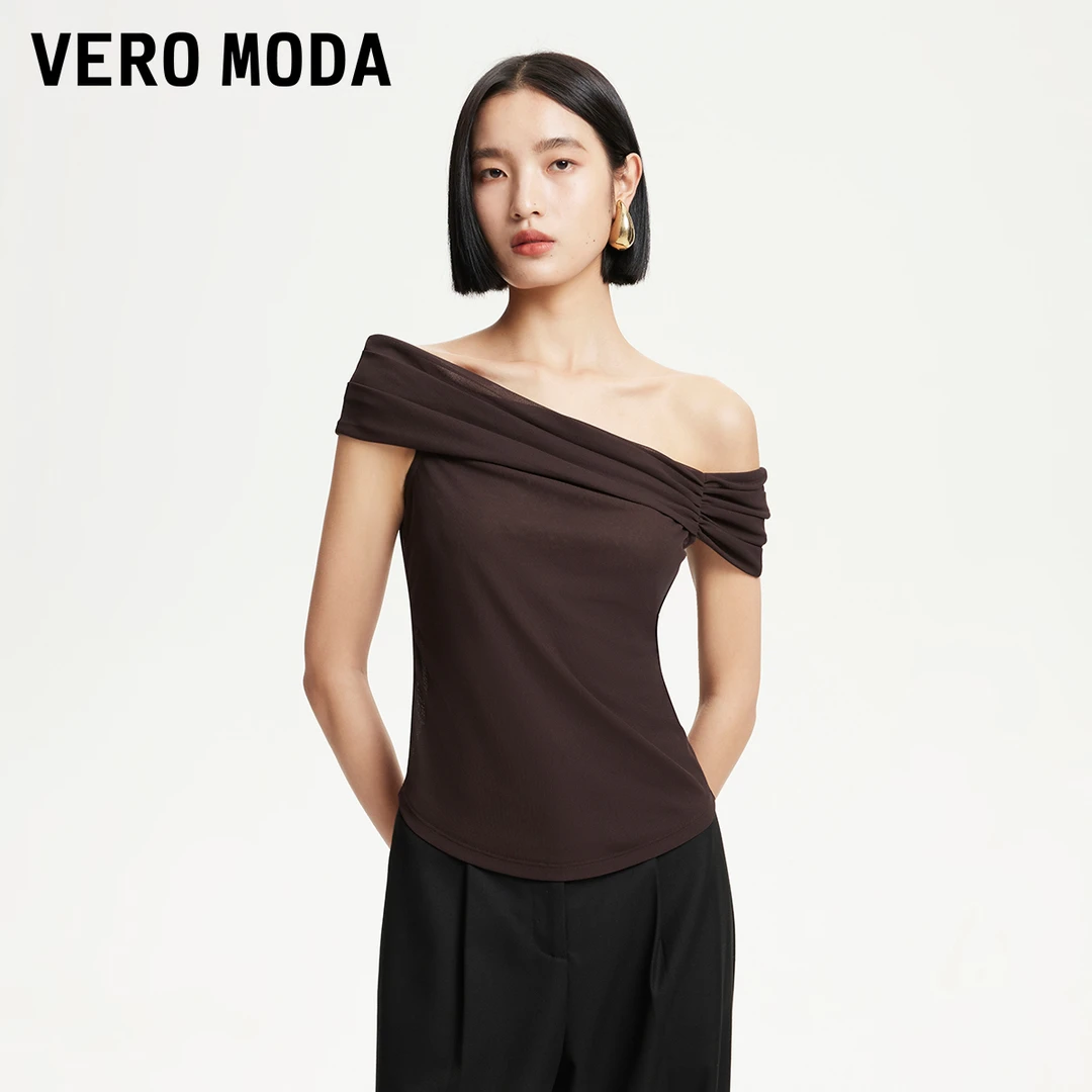 Vero ModaT恤2025夏日穿搭轻薄微透不对称领口设计上衣325201062