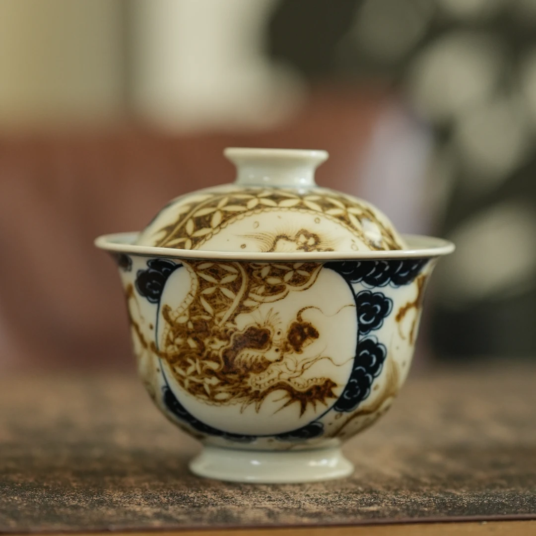 景德镇手工陶瓷茶具鱼化龙青花龙纹釉里金两才盖碗