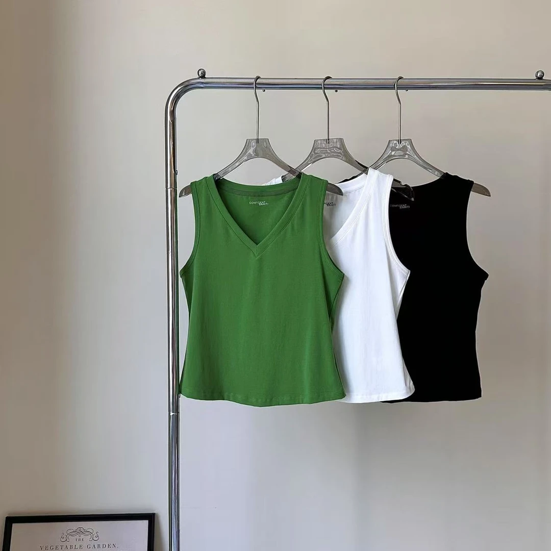 韩系通勤休闲百搭简约宽松V领舒适无袖打底背心女-M25202405