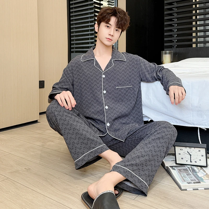 【归仁镇】夏季宽松长袖长裤睡衣绵绸家居服套装大码家居服男士套装