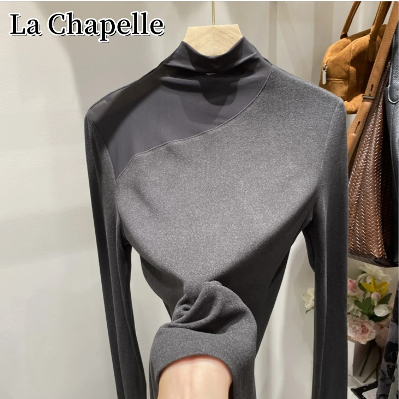 拉夏贝尔秋季半高领拼接网纱长袖T恤女气质百搭显瘦缕空打底上衣