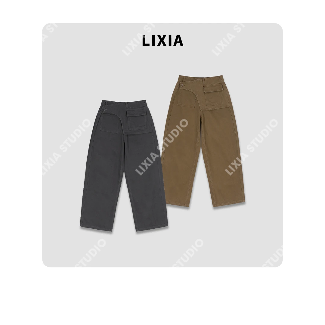 LIXIA【罗马假日】休闲时髦个性设计款工装阔腿长裤牛仔裤-D9612