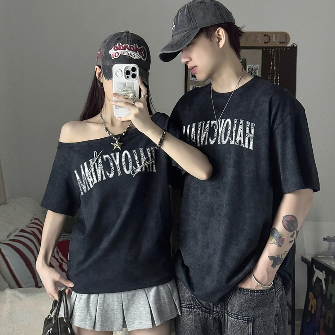 纯欲短款显瘦T恤情侣装一长一短夏季短袖男女一字肩潮牌纯棉上衣