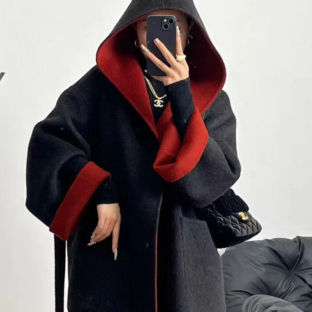 QL—78111秋冬女士长款连帽双面双色绵拼色百搭毛呢大衣