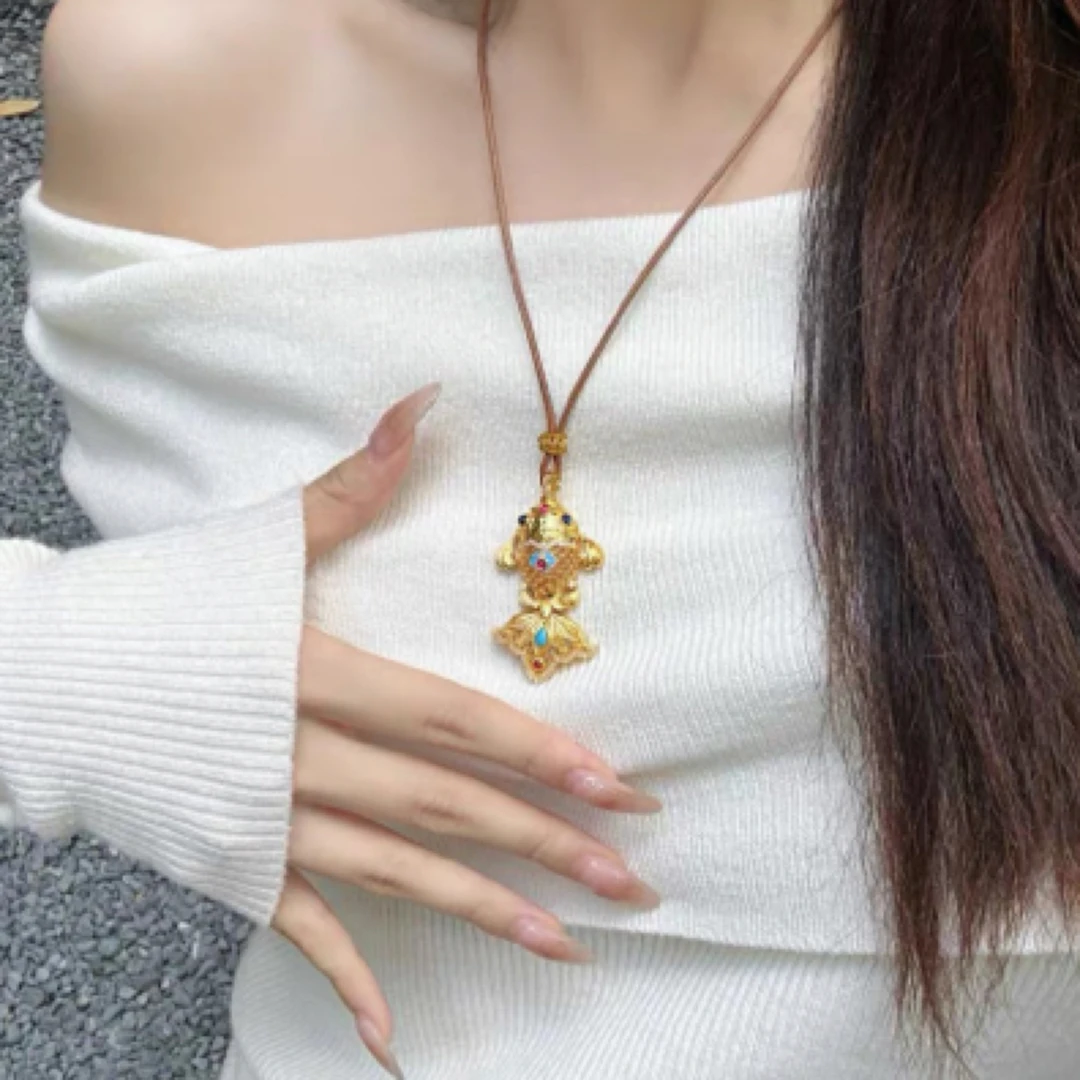 非金属布艺项链 花丝锦鲤时尚百搭气质编绳项链