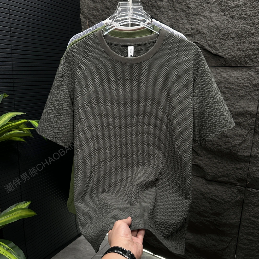 夏季纯色泡泡纱肌理圆领上衣男士宽松短袖时尚新款半袖休闲T恤