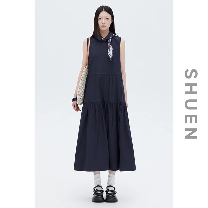 束恩高支高密100%棉布抽绳背心衬衫长裙藏蓝色a字无袖连衣裙女夏