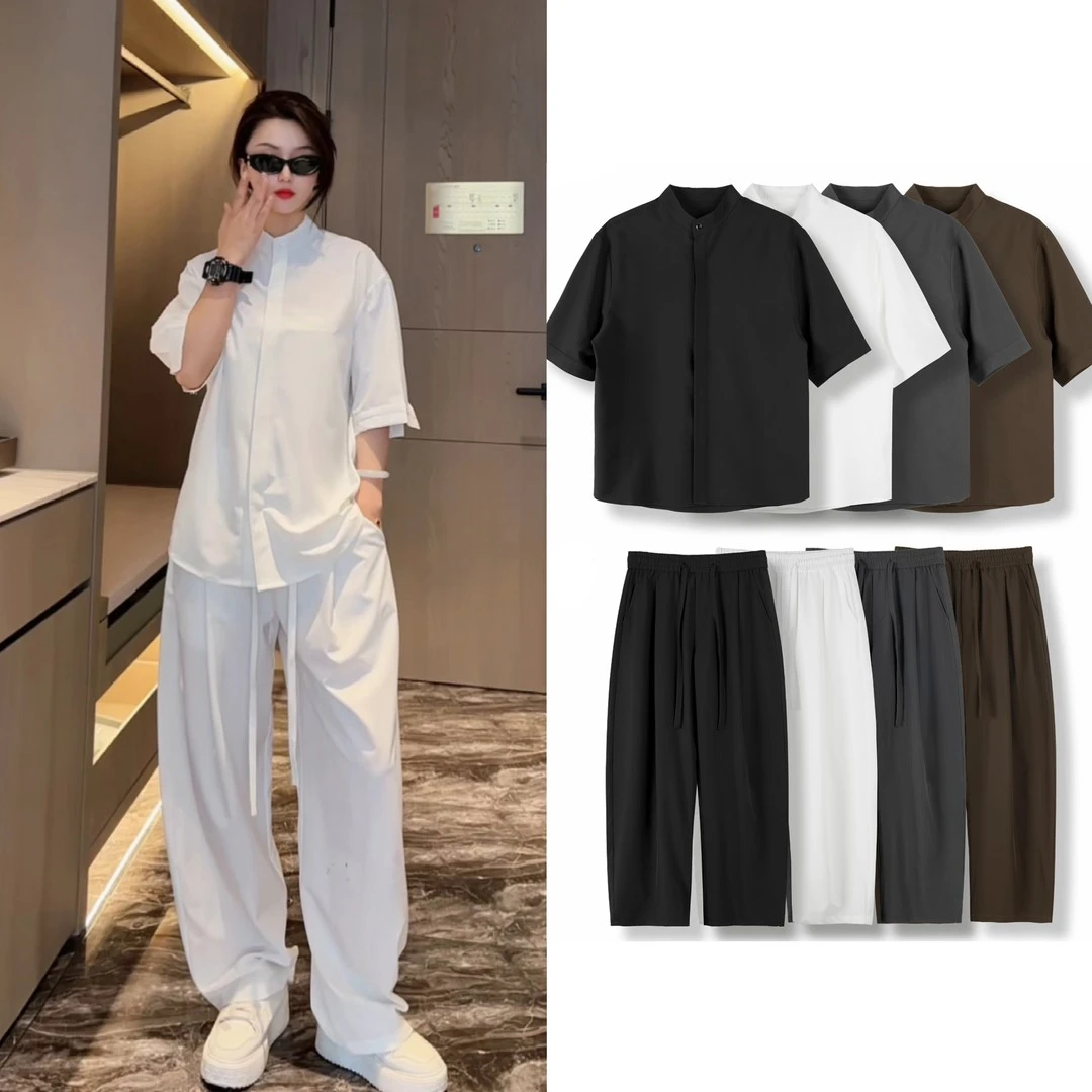 冰丝短袖男衬衫纯色夏季休闲时尚运动套装免烫宽松阔腿薄款俩件套