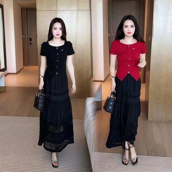 连衣裙女2025夏季新款洋气一字领T恤上衣+蕾丝半身裙两件套装裙子