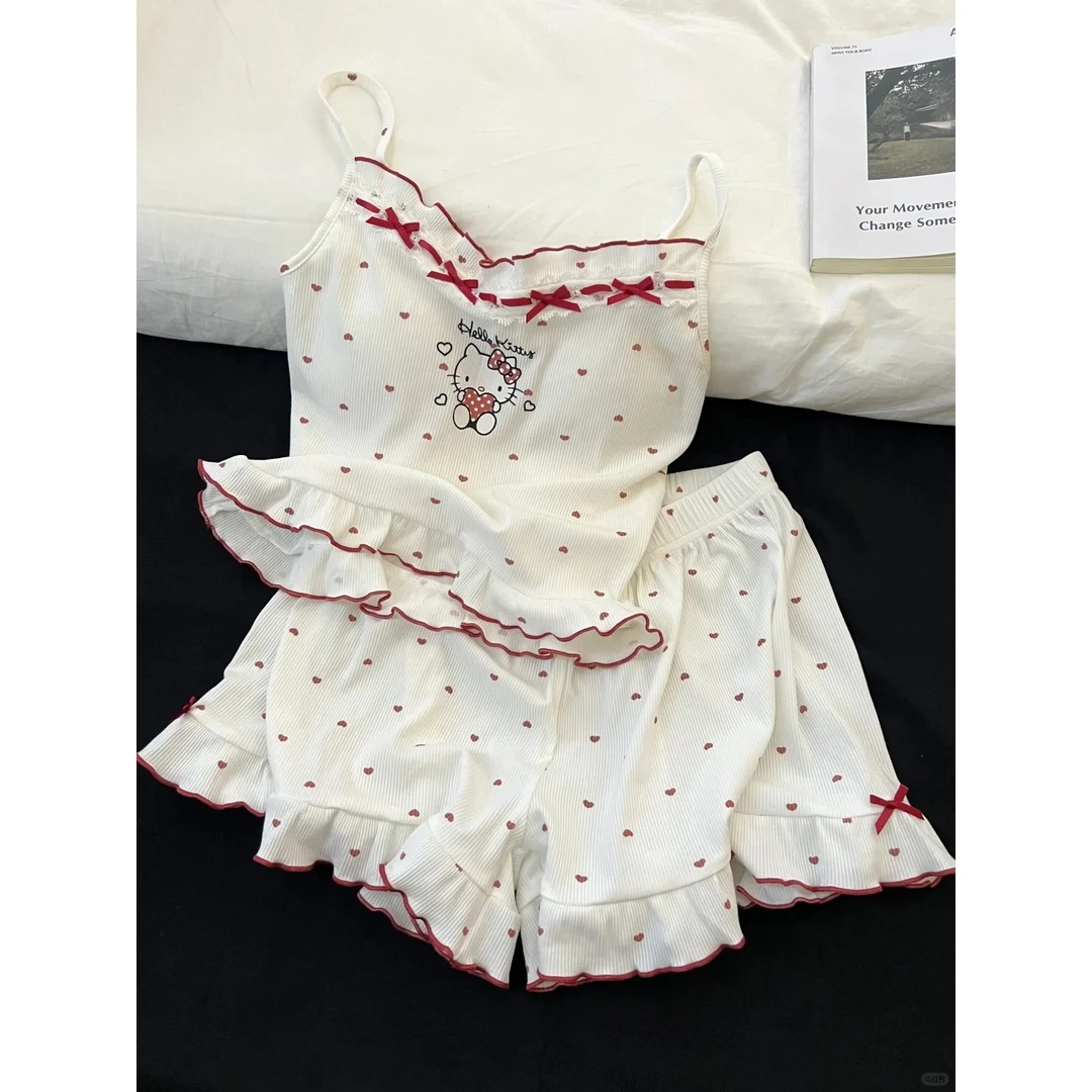 纯欲风甜美少女kitty猫带胸垫吊带睡衣女夏季新款套装外穿家居服