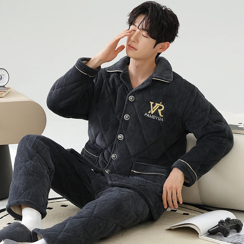 冬季新款男士睡衣三层夹棉加绒加厚保暖可外穿棉服厚款家居服套装
