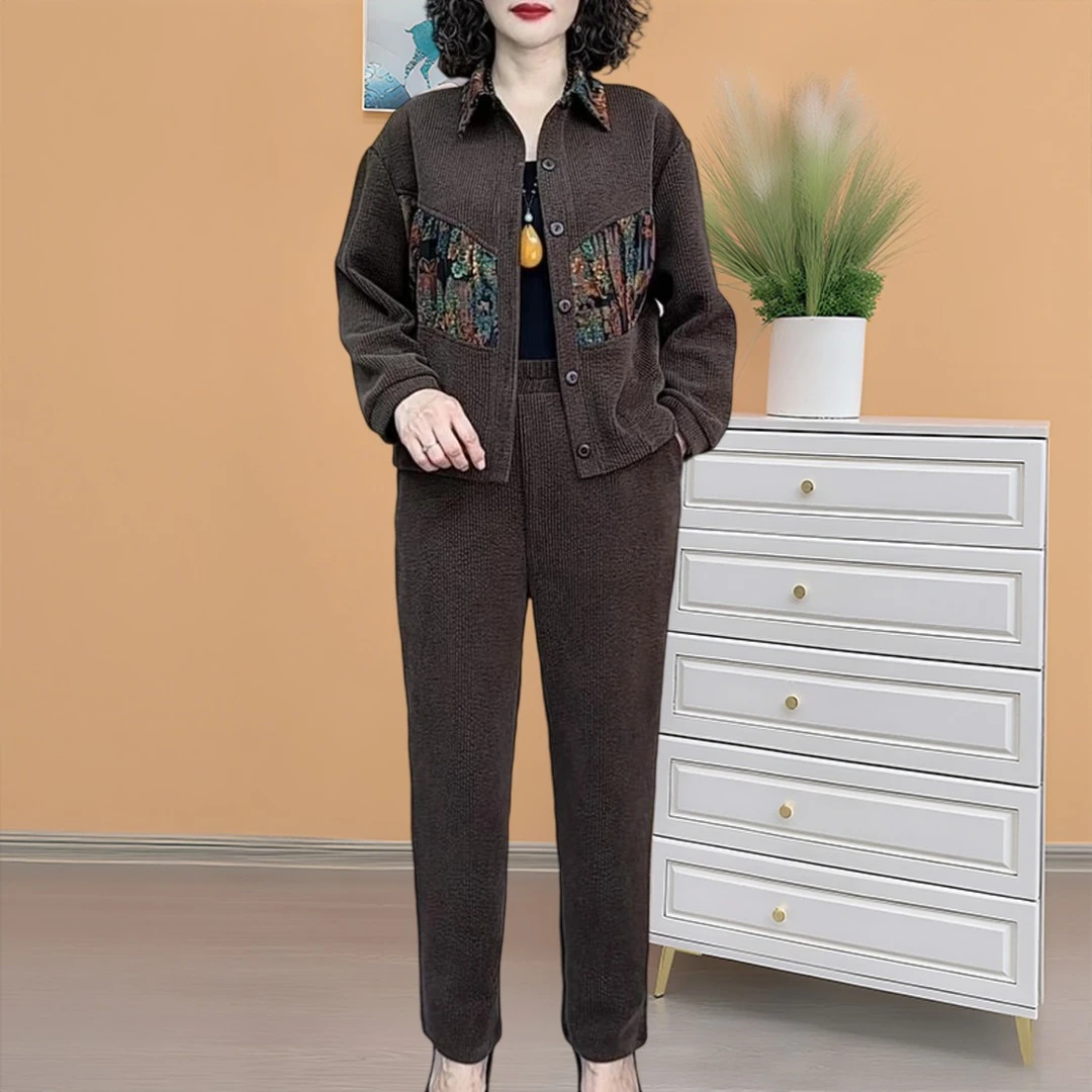 加肥加大码套装女2025秋季新款复古印花休闲减龄中老年女装两件套