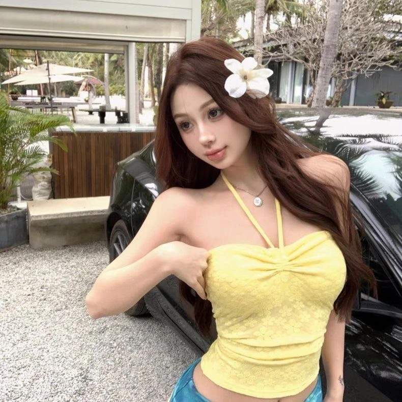 【带胸垫】多巴胺色系碎花抹胸挂脖吊带女春夏辣妹风性感修身背心