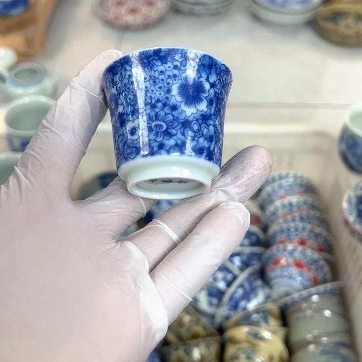 摆件陶白青花万花马蹄客杯全品