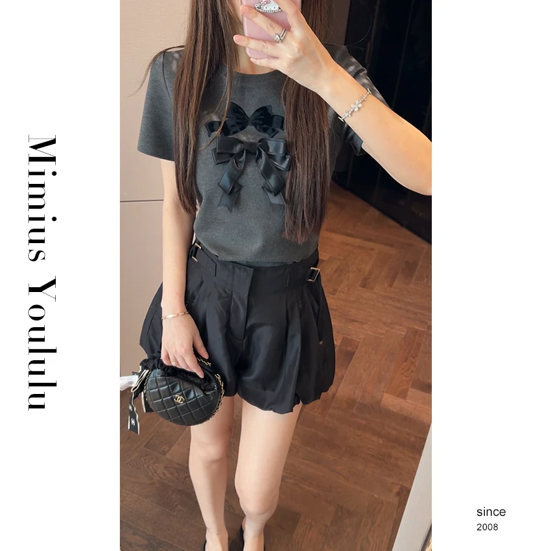 【mimius】婷 重工设计感蝴蝶结百搭显瘦T恤+灯笼短裤（正腰）G06379