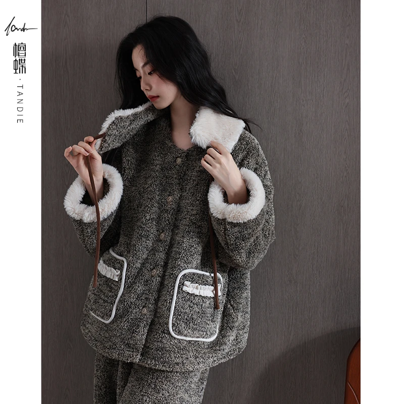 檀蝶【法兰绒】女款2025爆款秋冬睡衣冬季加厚加绒拼接撞色家居服女