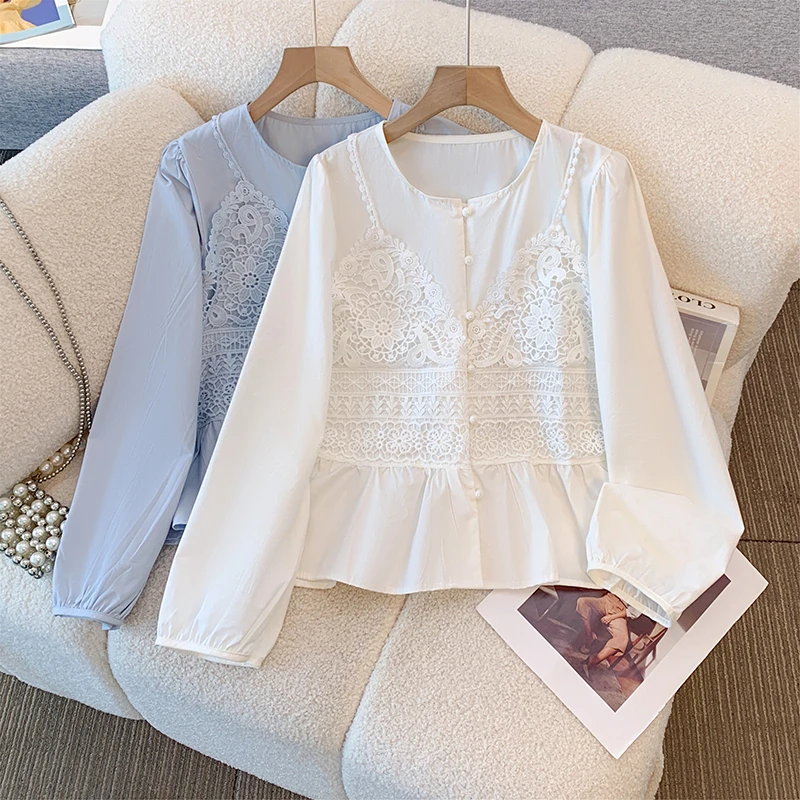 新品2025精致钩花吊带假两件长袖衬衫女温柔别致小众宽松大码衬衣