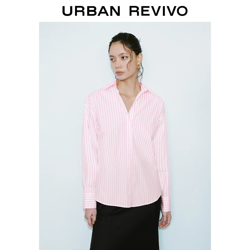 UR2025春季新款女装欧若风撞色条纹棉质长袖开襟衬衫UWM250011