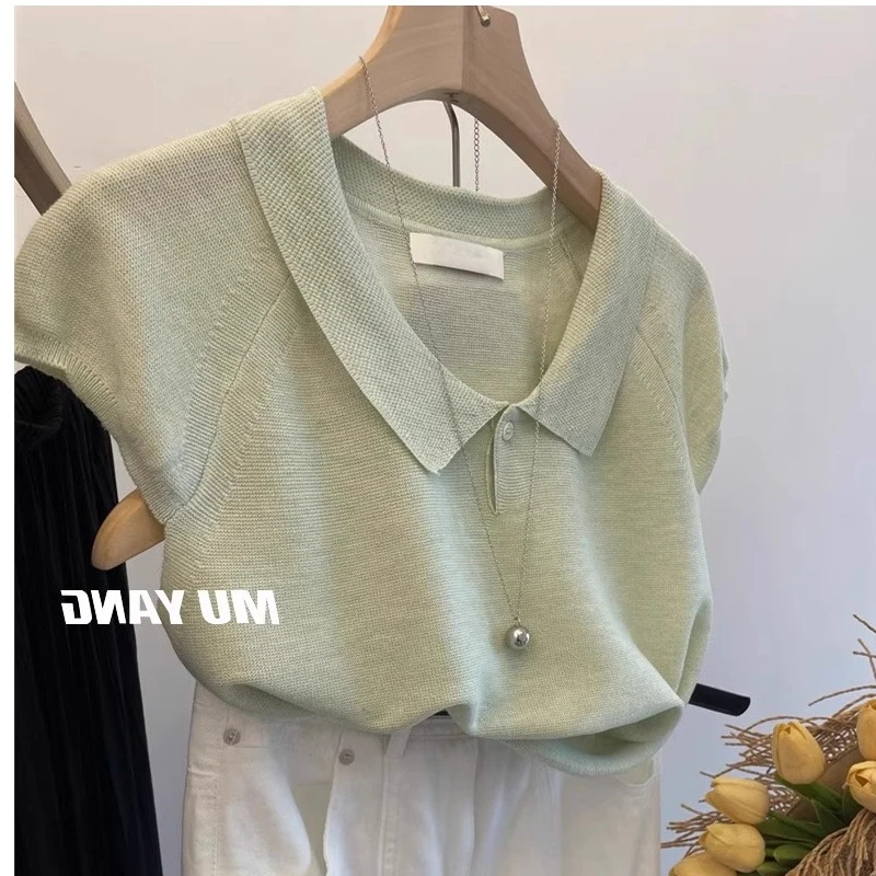 韩版飞飞袖针织衫一粒扣设计感翻领薄款罩衫女夏季学院风宽松上衣