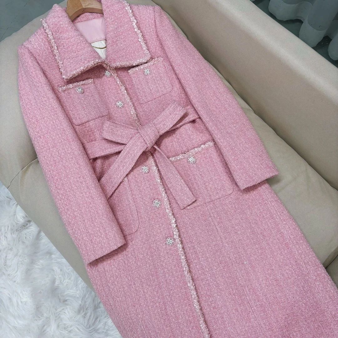 【镜中花】秋冬新款粉色小香风羊毛粗花呢鹅绒大衣外套