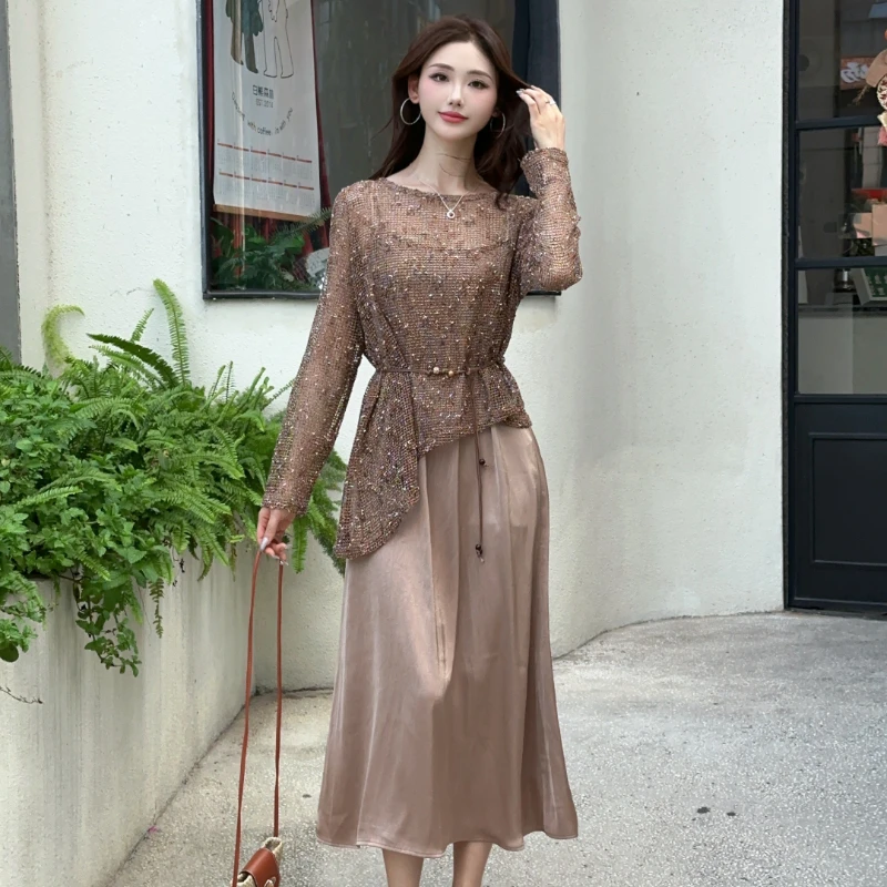 长袖时尚套装裙女2025年春秋季新款慵懒风镂空上衣吊带裙两件套