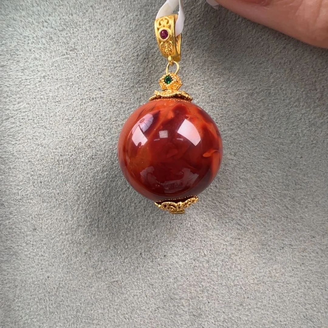 南红玛瑙银S925镶嵌（万能扣牛血火焰圆珠18mm