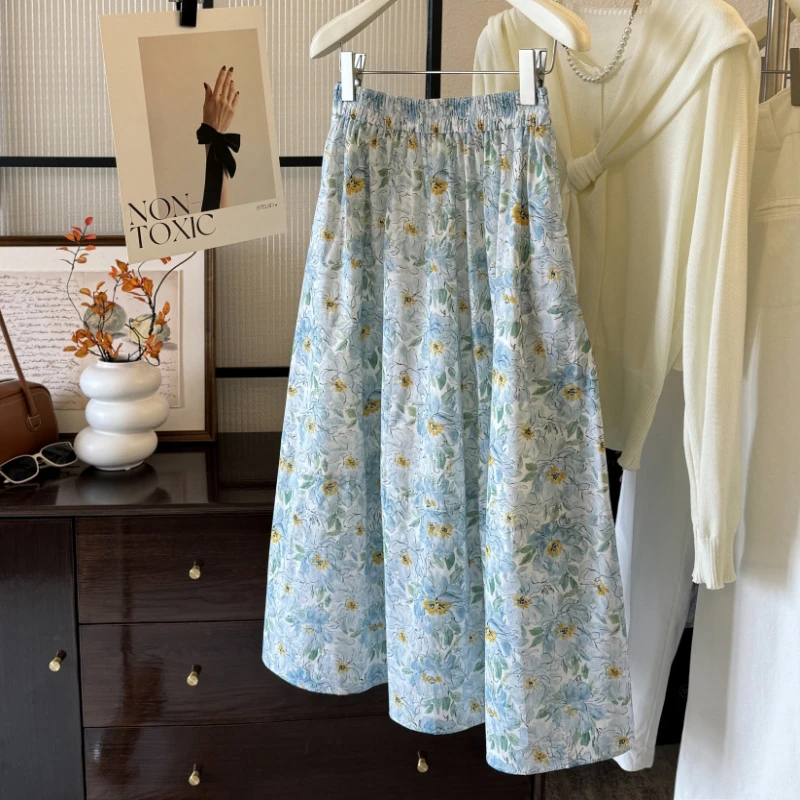 油画般印花春日氛围~气质伞裙新款遮胯显瘦a字蓬蓬裙碎花裙子