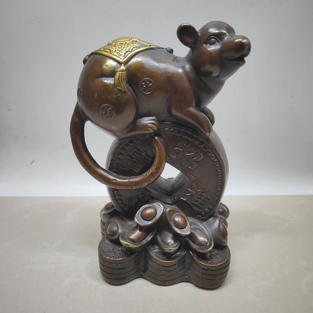 招财进宝老鼠十二生肖鼠摆件黄铜复古工艺高约16厘米宽约12厘米