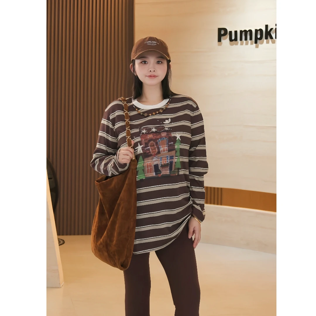 PUMPKIN·大码深圳南油设计感趣味重工链子印花小房子条纹宽松T恤