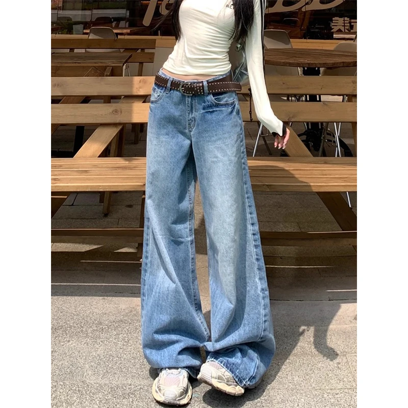 美式复古高腰百搭显瘦牛仔裤女2025春季新款宽松直筒阔腿拖地裤子