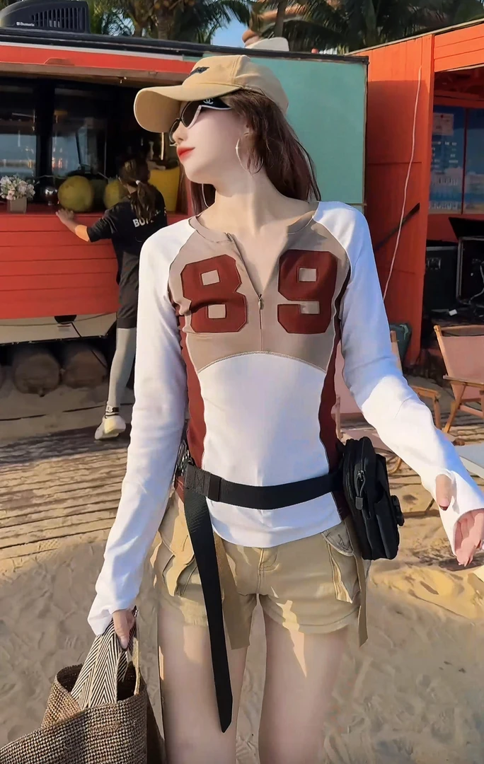 k6520 CC推荐 复古撞色半拉链长袖T恤