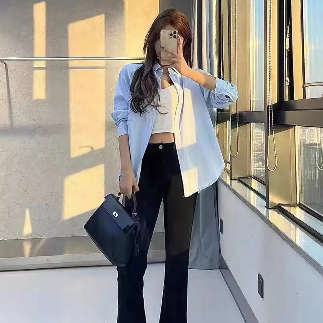 100%棉蓝色长袖纯棉衬衫女2025新款春秋宽松百搭打底衬衣开衫外套