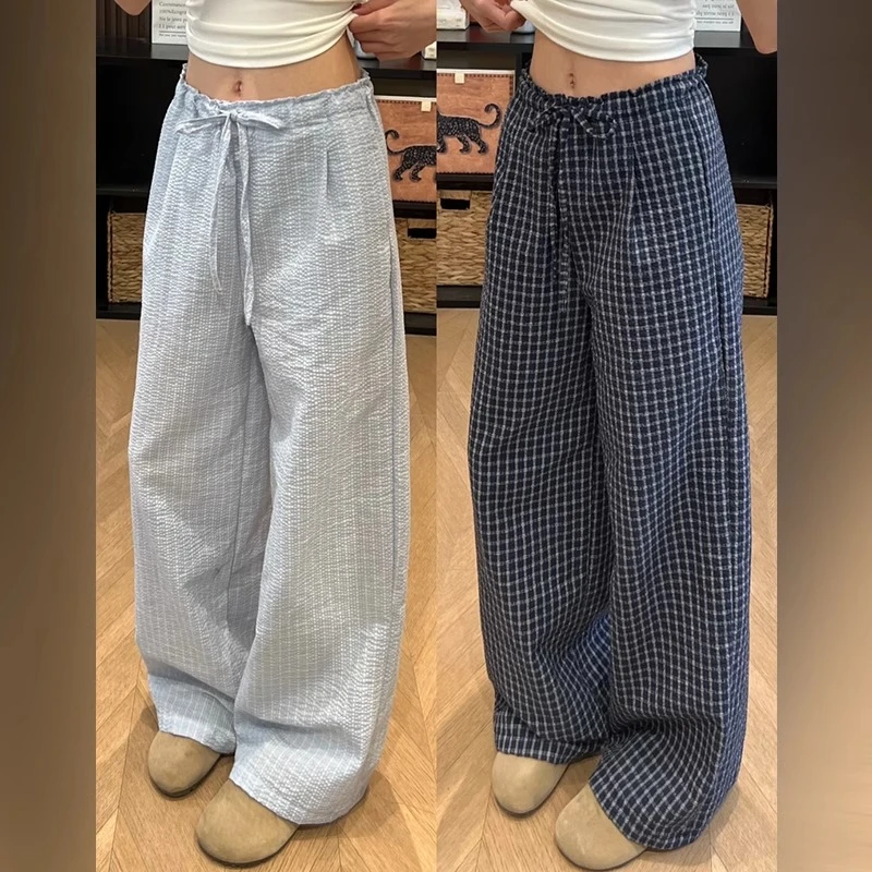 蓝色格子裤女夏薄高腰木耳边垂坠感遛弯裤宽松显瘦直筒休闲阔腿裤