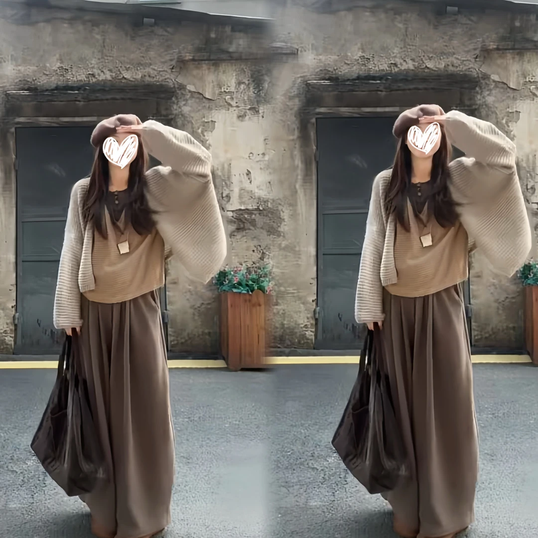 秋季新款慵懒风大码胖mm叠穿高级感美拉德上衣宽松阔腿裤套装