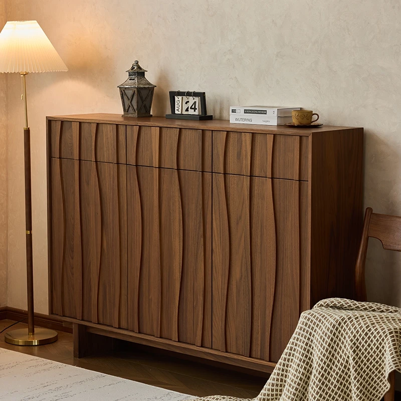 北沐家具中古风实木鞋柜 侘寂风黑胡桃色入户鞋柜家用简约北欧