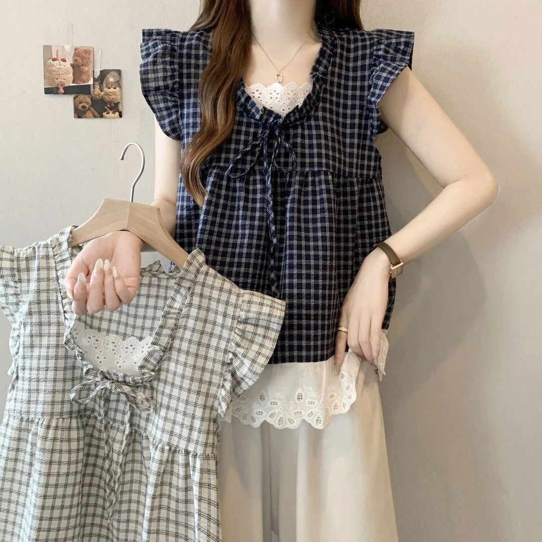 洋气拼接格子蕾丝花边系带2025夏季新款褶皱飞飞袖上衣潮