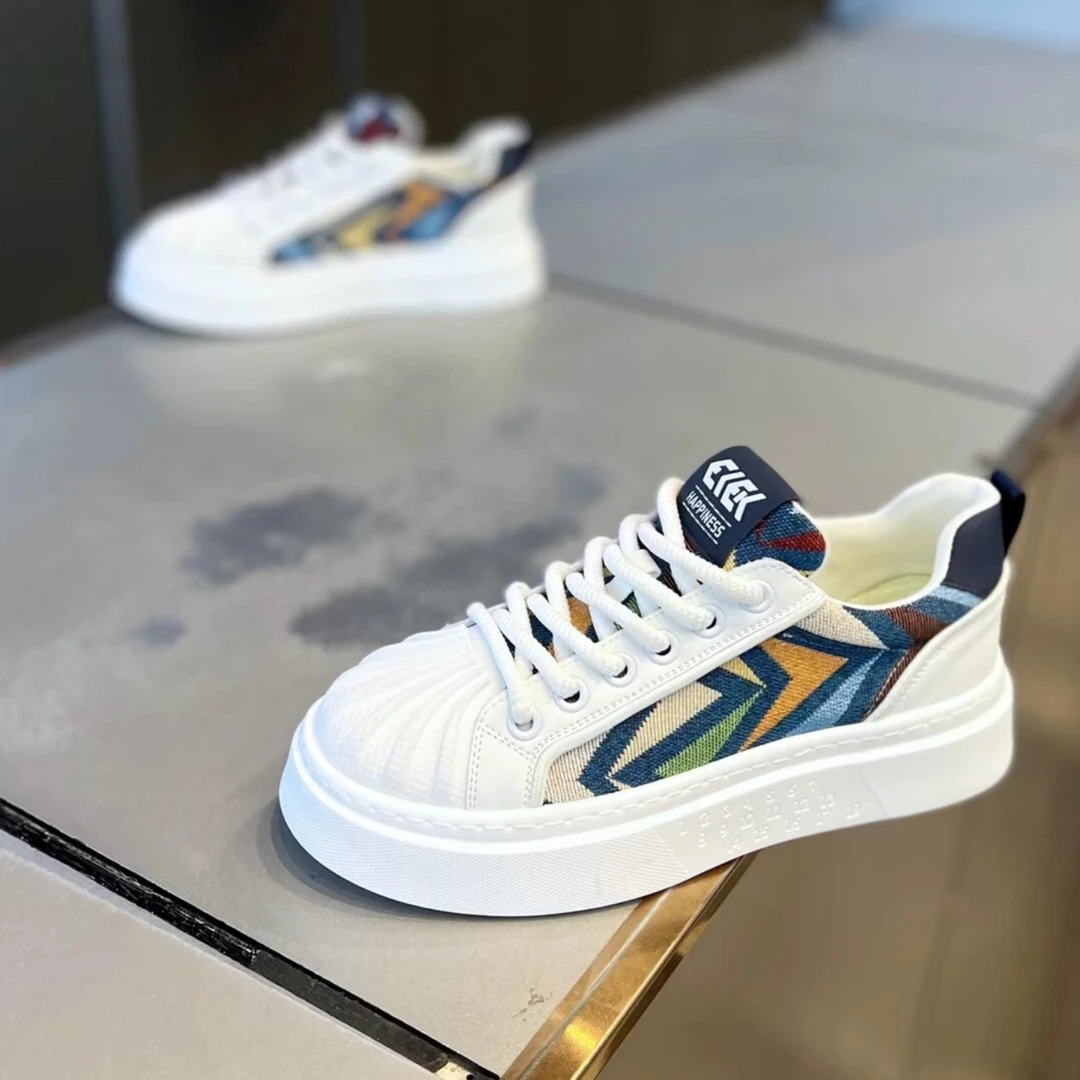 2025年新款贝壳头潮牌板鞋男透气布舒适厚底增高拼色百搭爆款男鞋