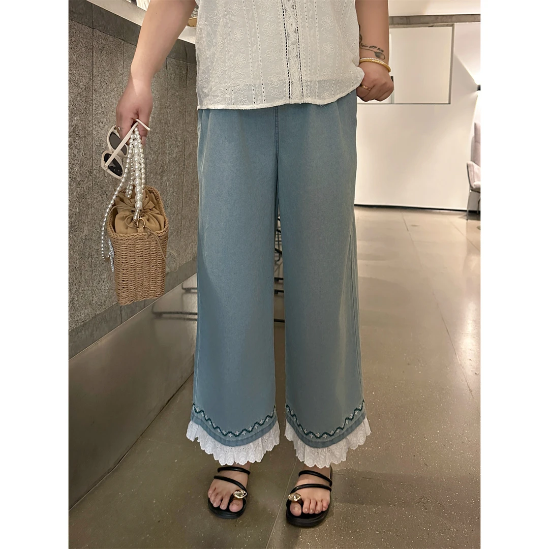 断码捡漏~粉雾清晨 / 慵懒风蕾丝拼接款阔版牛仔裤4275花契大码