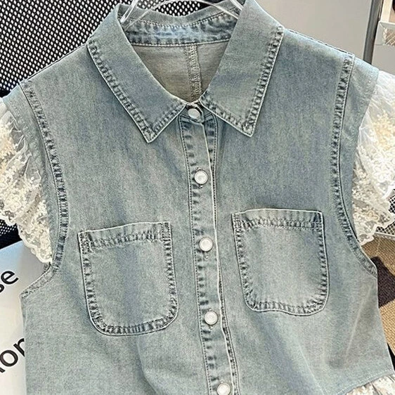 牛仔衬衣女夏季短袖薄款2025新款小香风别致蕾丝花边背心马甲外套