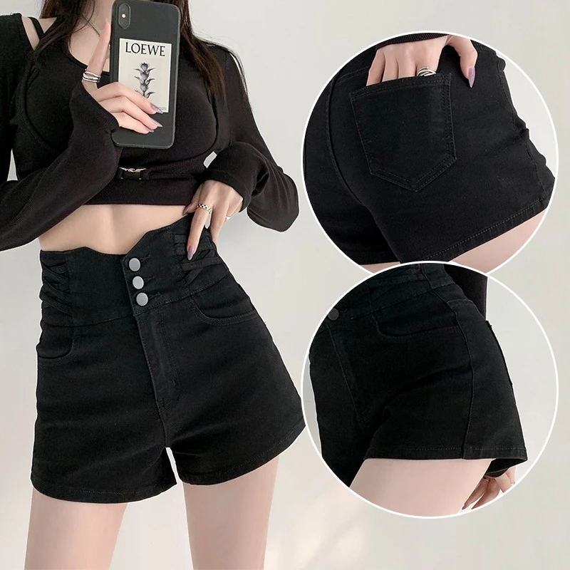 大码女装美式辣妹黑色牛仔短裤女胖mm夏季新款高腰显瘦a字热裤子