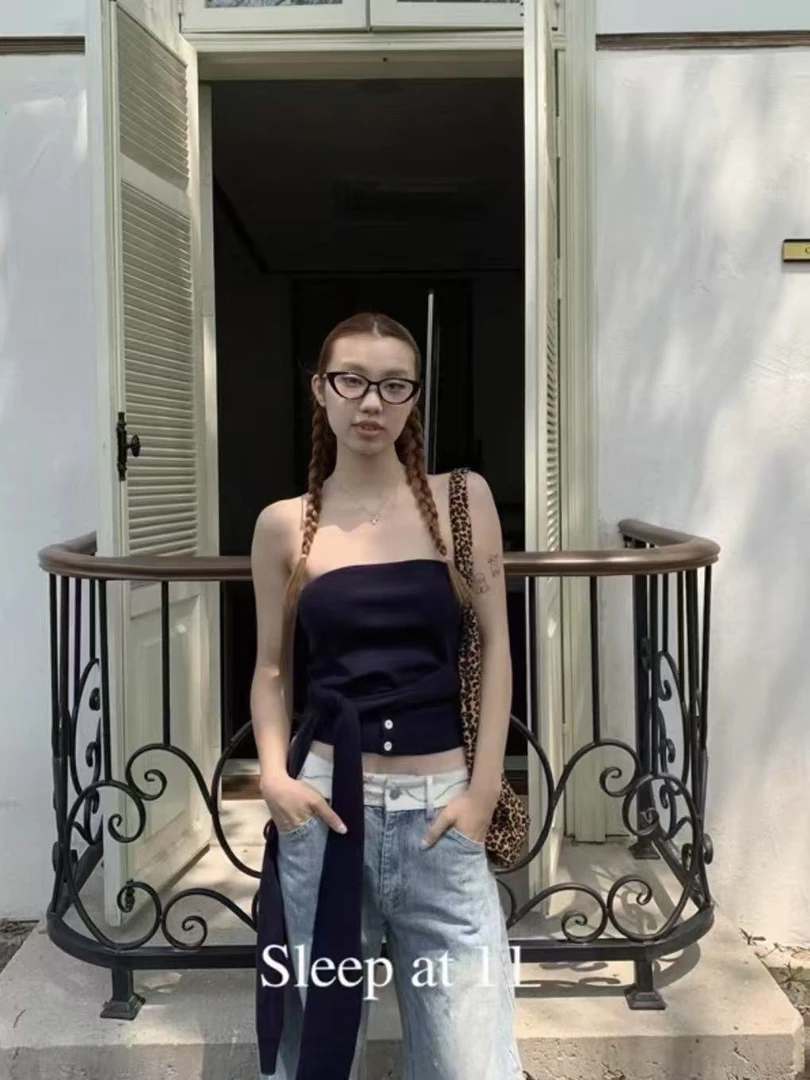 夏日休闲时髦叠穿百搭绑带露肩抹胸显瘦针织衫上衣女
